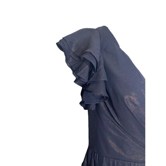 Dessy Collection Midnight Gold‎ Shimmer Flutter Sleeve Surplice V-Neck Gown Sz 4 - Picture 6 of 10